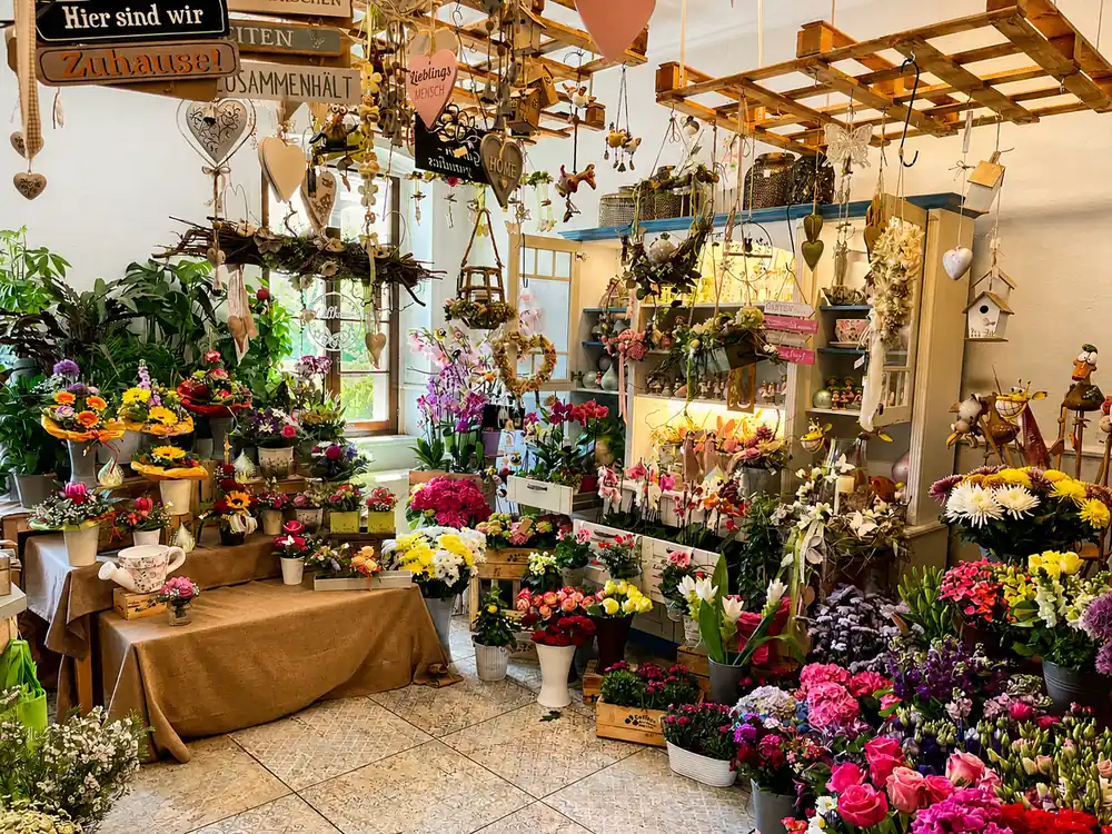 Innenansicht im Blumenhaus Färber in Zodel mit Blumen, Pflanzen und Dekoration